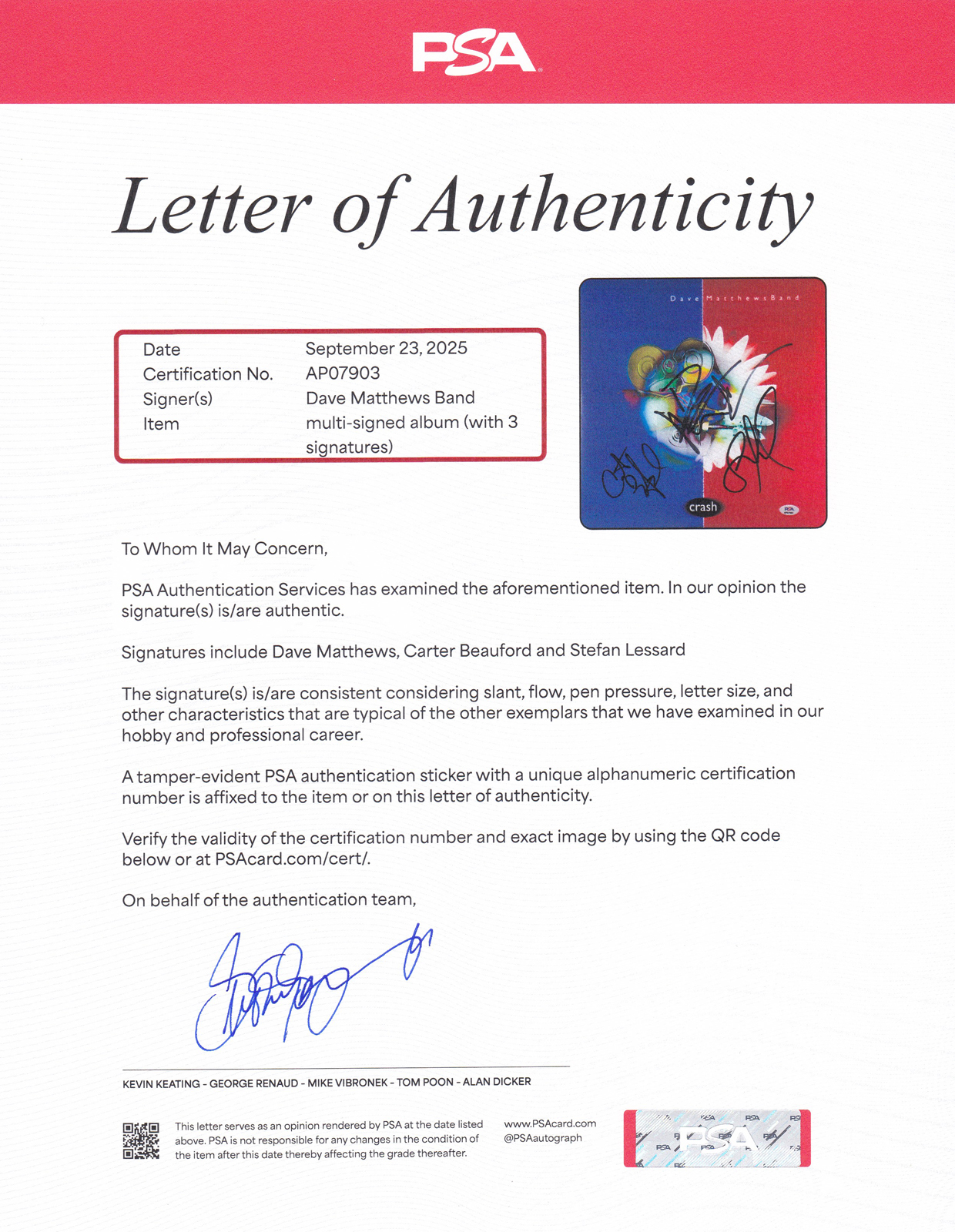 Dave Matthews Band DMB Signed Autograph Crash Vinyl Record Album With PSA/DNA COA - Image 3