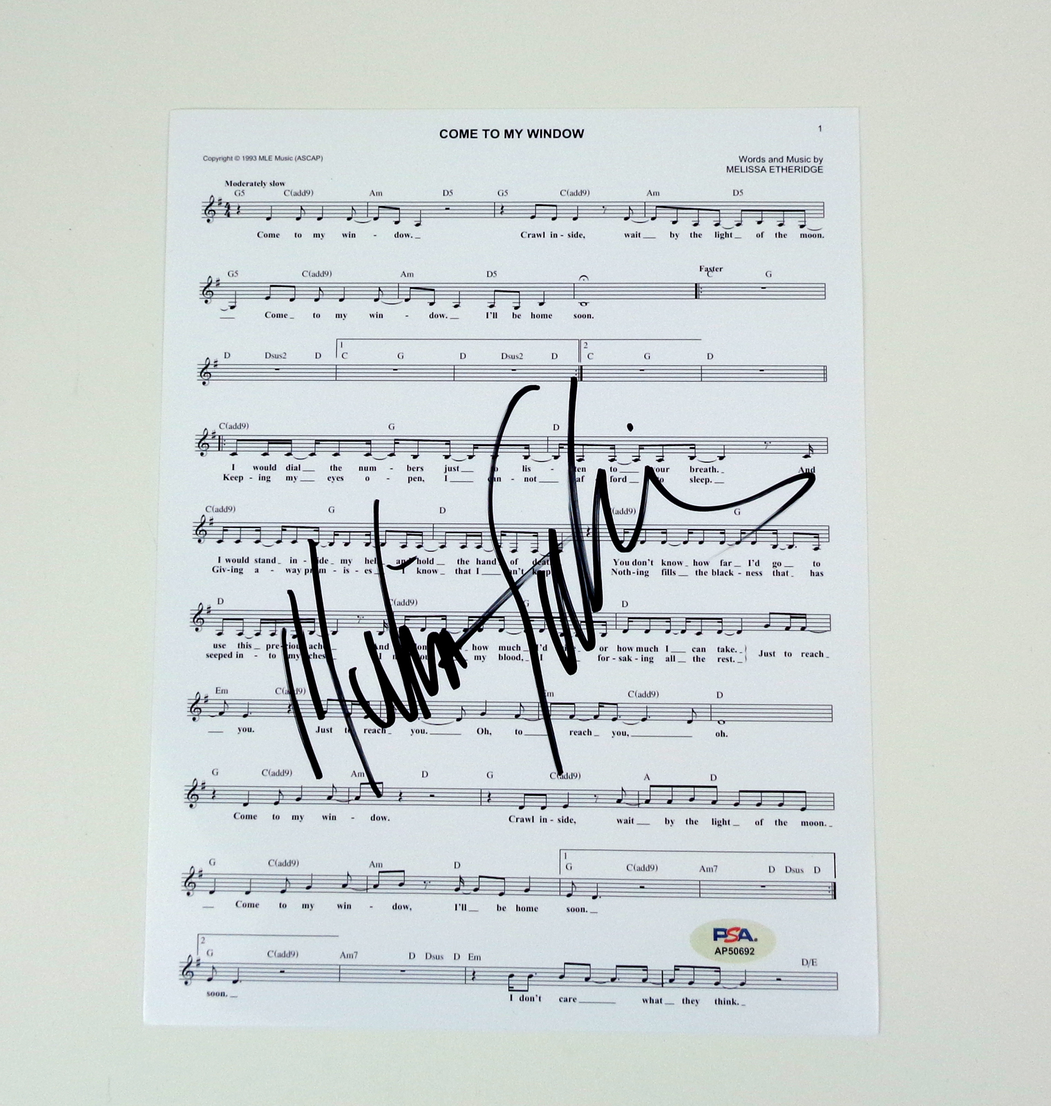 Melissa Etheridge Come To My Window Signed Autograph Sheet Music With PSA/DNA COA
