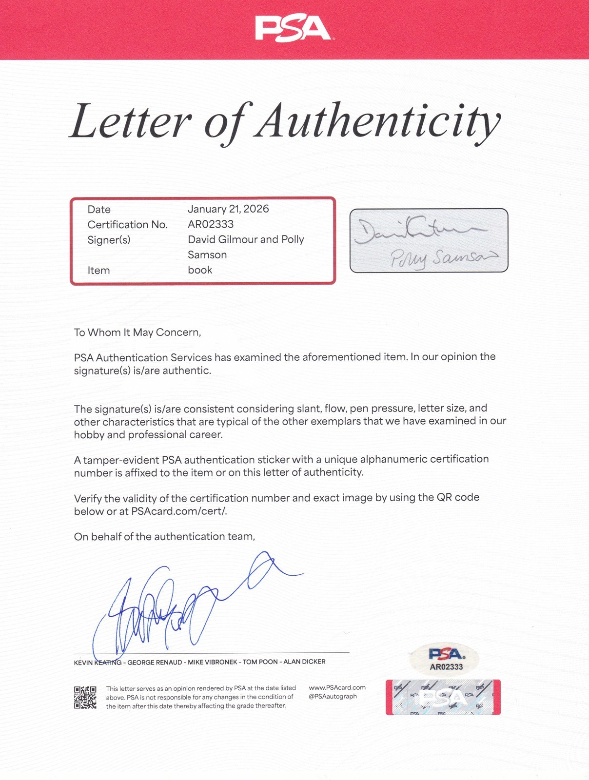 David Gilmour Pink Floyd Signed Autograph Luck And Strange Live Book PSA/DNA COA