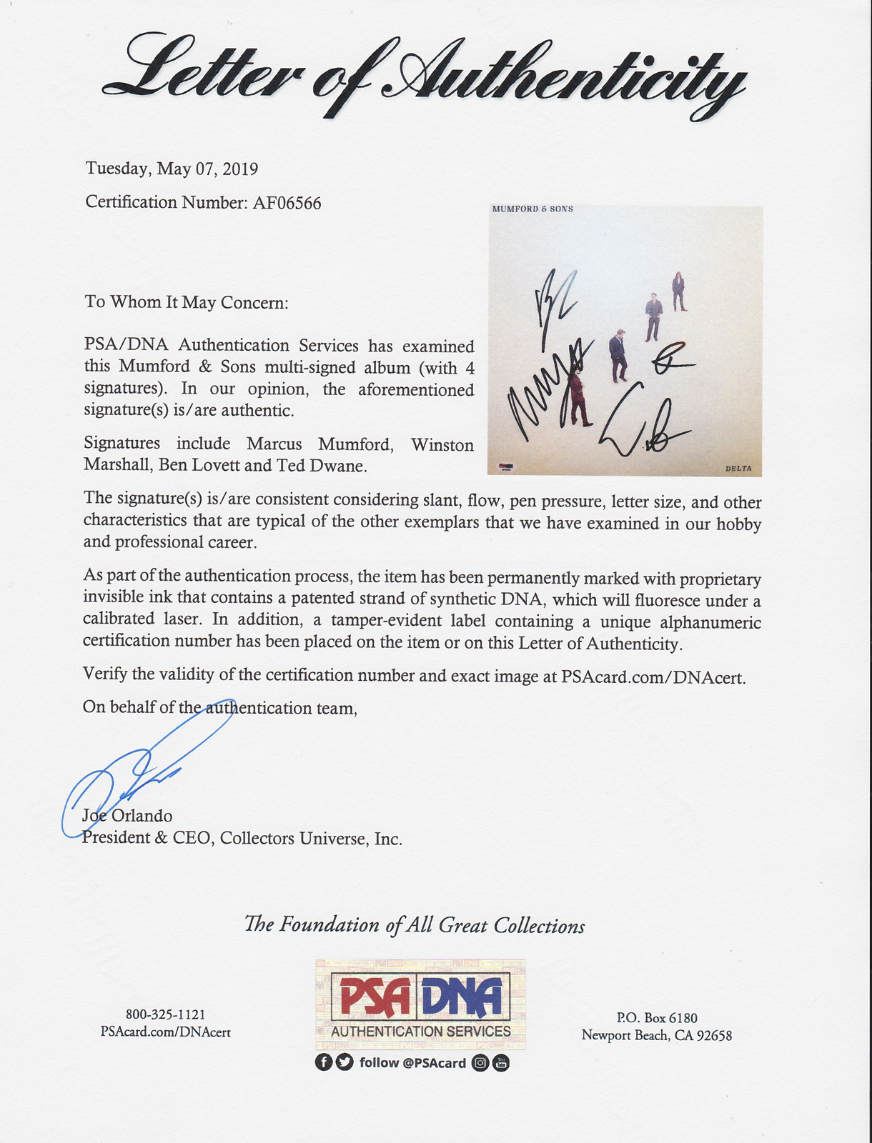 Mumford And Sons Full Band Signed Autograph Delta Vinyl Record Album PSA/DNA COA