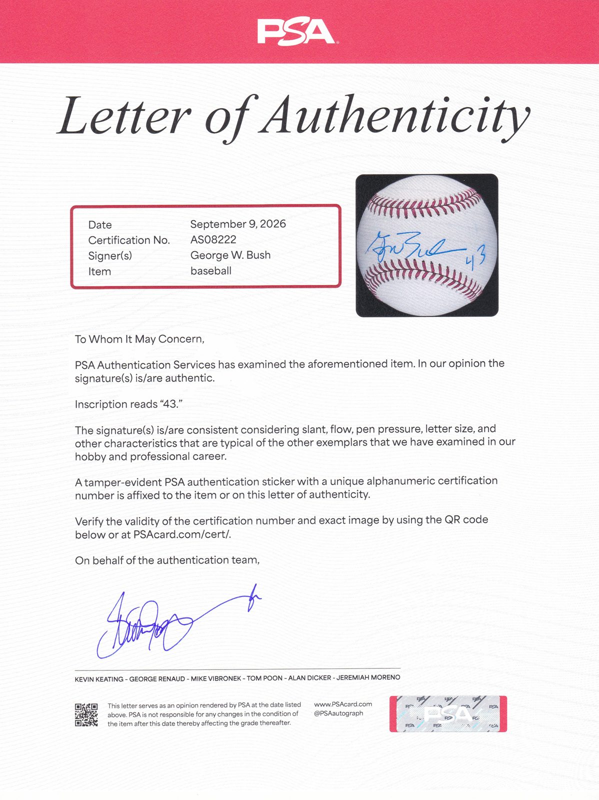 President George W Bush Signed Autograph MLB Baseball "43" Inscription With PSA/DNA COA